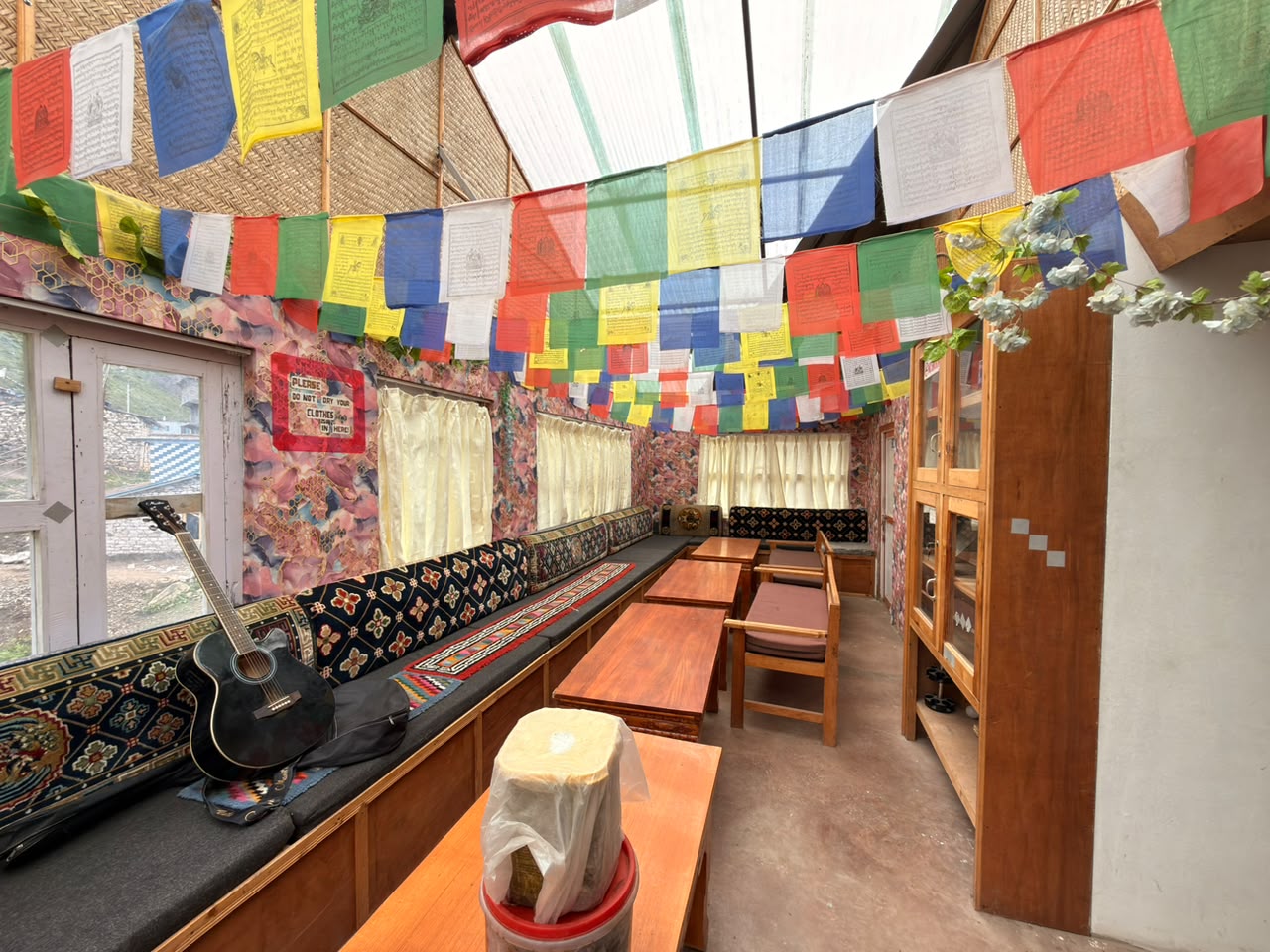 Prayer flag lounge at Hotel Snowlion